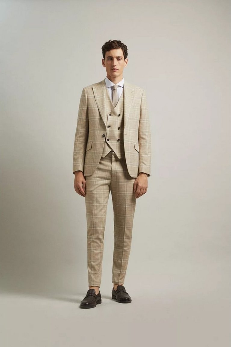 Mens Checked Textured Skinny Suit Jacket - Neutral