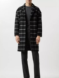 Mens Checked Wool Relaxed Fit Overcoat - Navy