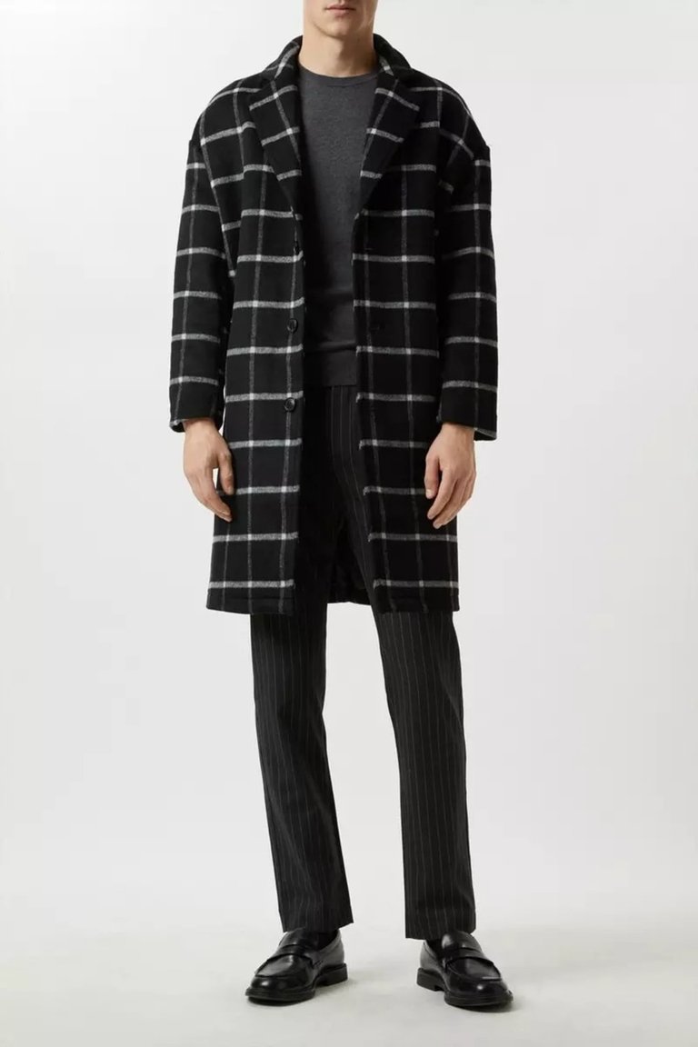 Mens Checked Wool Relaxed Fit Overcoat - Navy