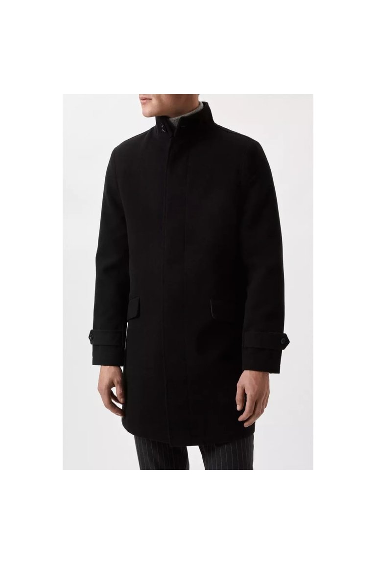 Mens Faux Wool Funnel Neck Coat - Black