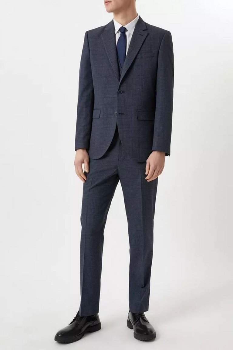 Mens Overcheck Single-Breasted Tailored Suit Jacket - Navy