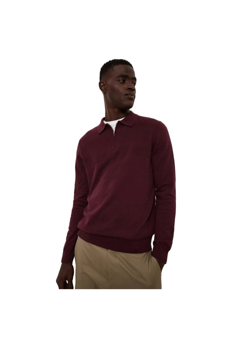 Burton Burgundy Mens Textured Knitted Zip Neck Polo Shirt | Verishop