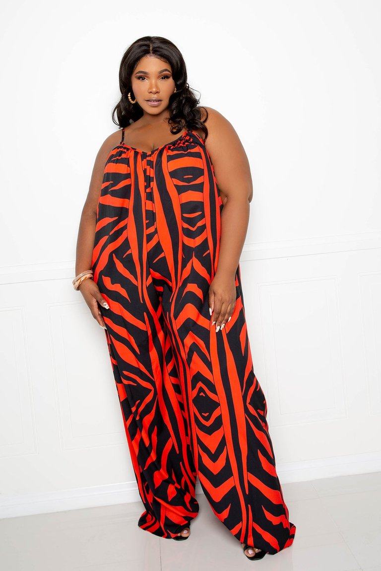 Animal Print Flutter Hem Jumpsuit - Orange