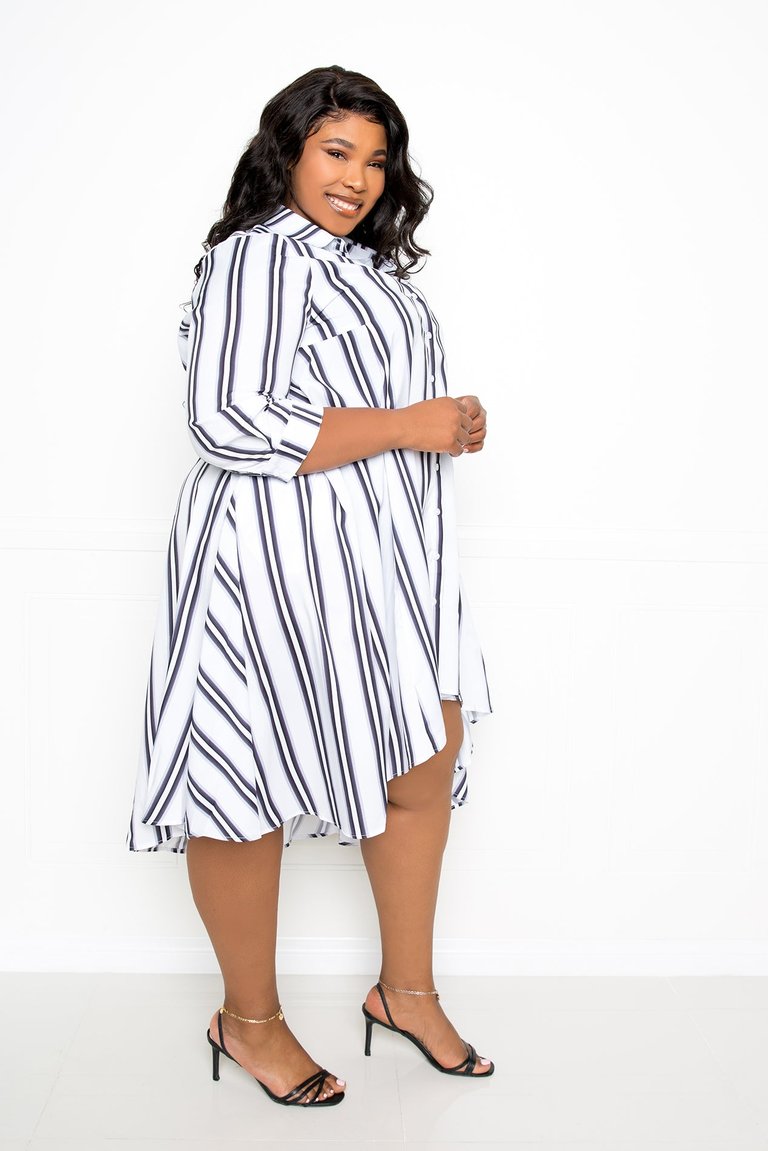Asymmetric Stripe Shirt Dress - Black Stripe
