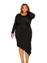 Asymmetrical Dress with Shirring Detail - Black