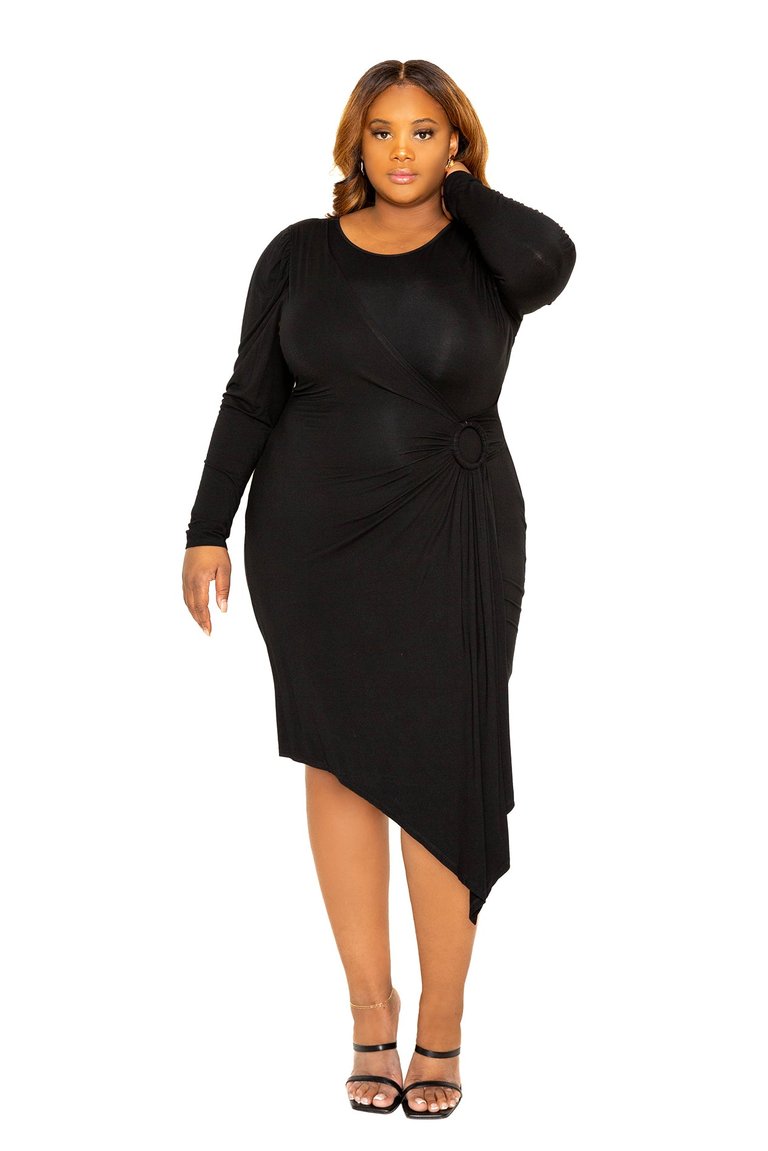 Asymmetrical Dress with Shirring Detail - Black