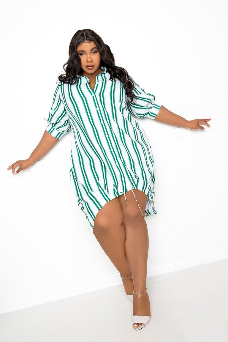 Bubble Hem Stripe Shirt Dress - Green Stripe