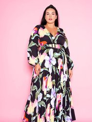 Floral Pleated Maxi Dress with Belt - Black Floral
