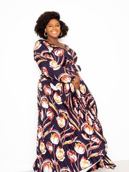 Floral Pleated Maxi Dress with Belt - Navy Floral