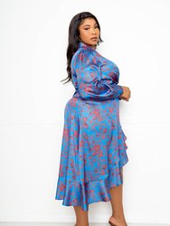 Floral Satin Wrapped Dress - Blue Floral