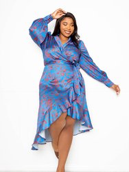 Floral Satin Wrapped Dress - Blue Floral