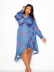 Floral Satin Wrapped Dress - Blue Floral