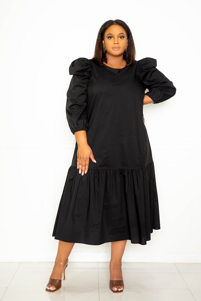 Flutter Hem Midi Dress - Black