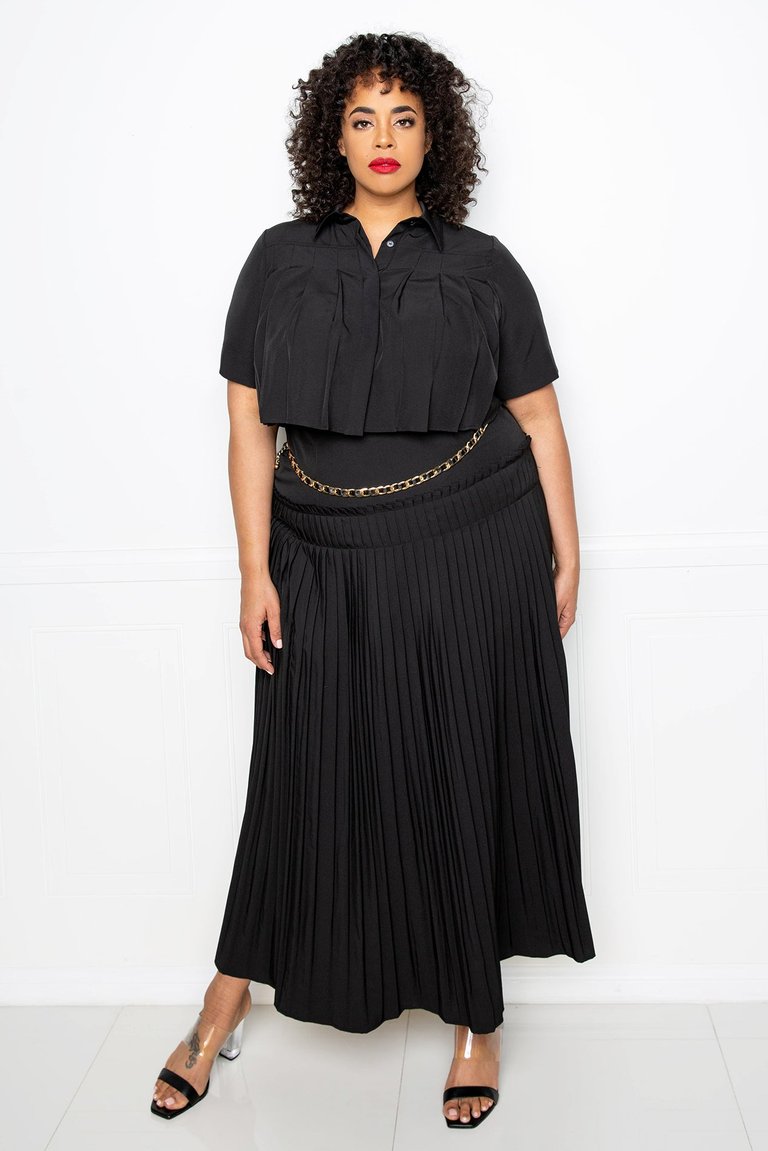 Pleated Cropped Top and Skirt Set - Black