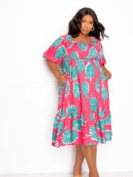 Printed Smocked Puff Sleeve Dress - Pink