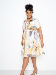 Printed Tiered Shirt Mini Dress - Yellow Marble