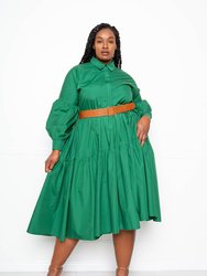 Puff Sleeved Tiered Shirt Dress - Forest Green