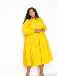 Puff Sleeved Tiered Shirt Dress - Mustard Yellow