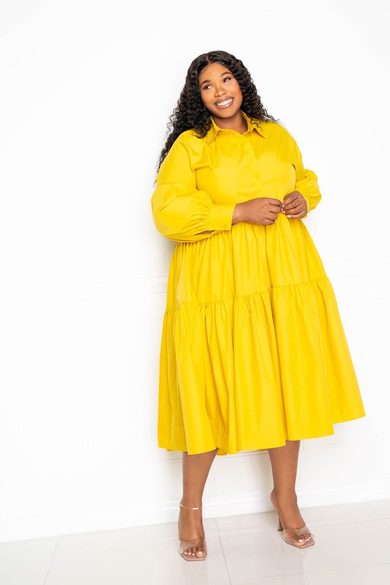 Puff Sleeved Tiered Shirt Dress - Mustard Yellow