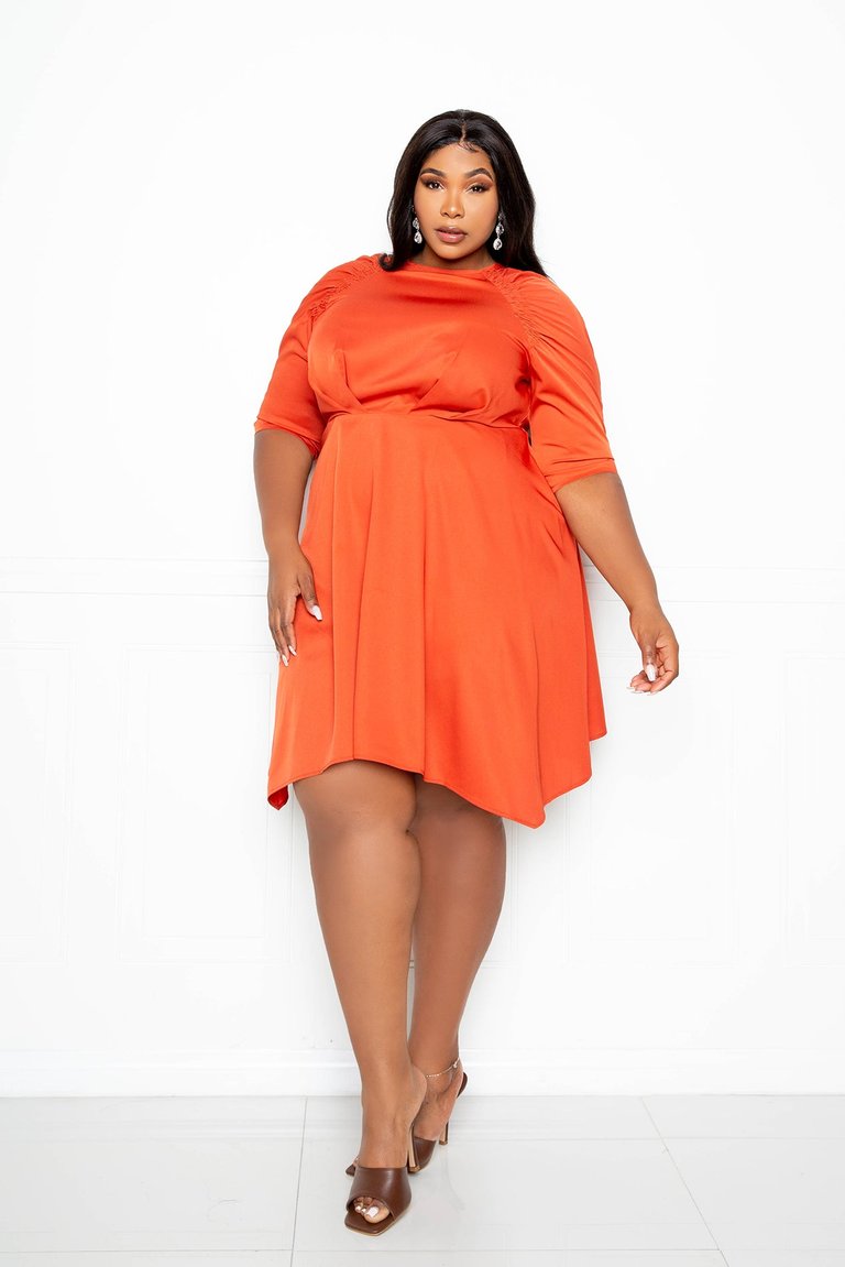 Ruched Sleeve Mini Dress - Rust