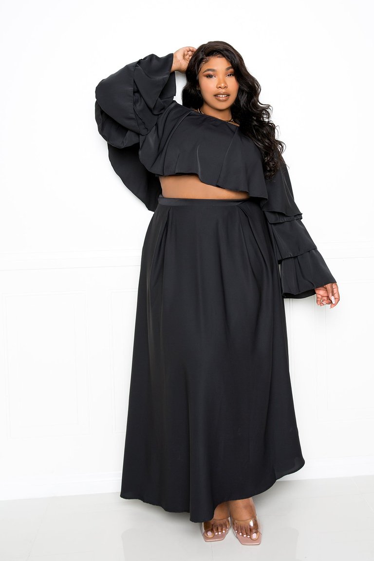 Ruffle Crop Top and Maxi Skirt Set - Black