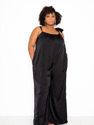 Satin Tie Shoulder Jumpsuit - Black