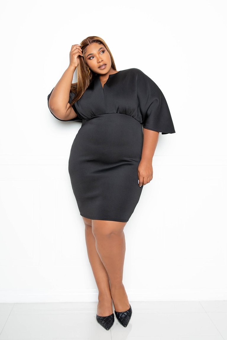 Scuba Cape Sleeve Bodycon Midi Dress - Black