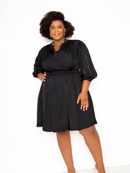 Silk Effect Smocking Mini Shirt Dress - Black