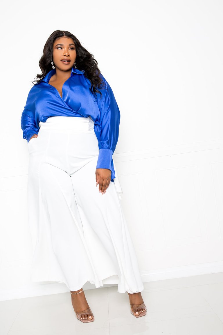 Wrapped Blouse with Palazzo Pants Set - Blue & White