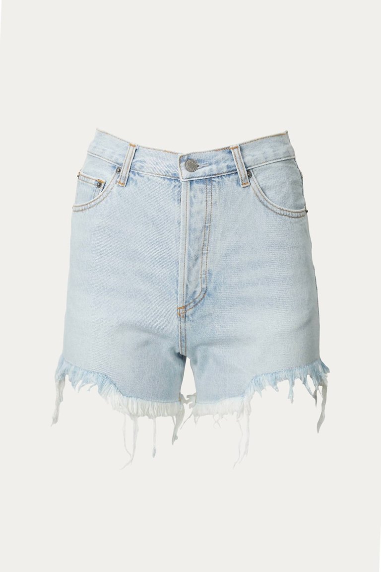 Distressed Frayed High-Rise Denim Shorts In Light Blue - Light Blue