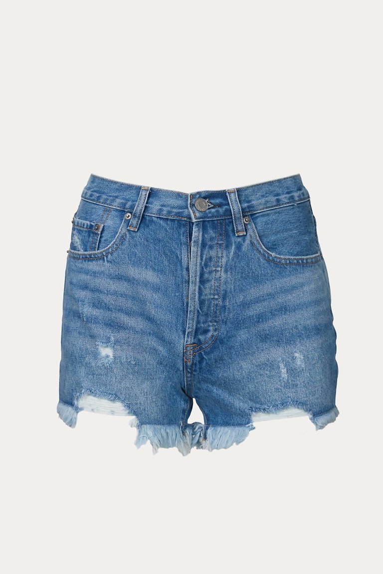 Frayed High-Rise Denim Short In Blue - Blue