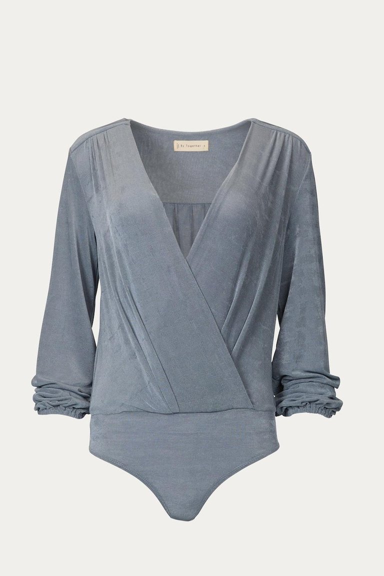 Wrap-Effect Stretch-Jersey Bodysuit In Dusty Blue