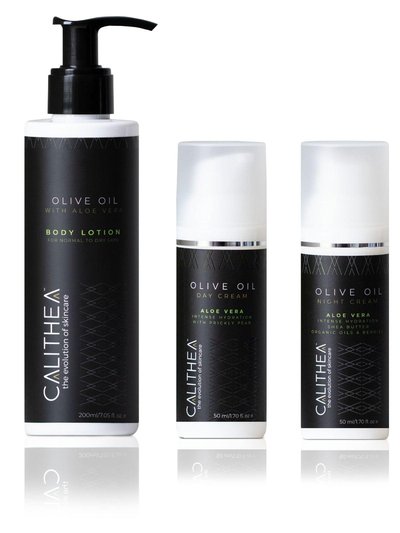 Calithea Skincare Olive Oil & Aloe Vera Skincare Set - Day Cream, Night Cream, & Body Lotion product