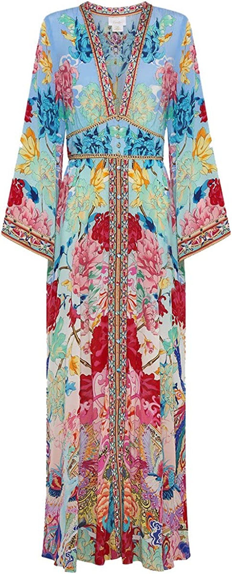 Women Kimono Sleeve Shirring Rhinestone Detail Go Stag Maxi Dress - Multicolor