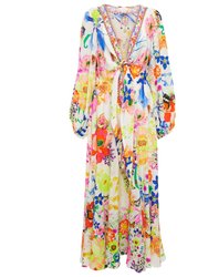 Women Shirred Waist Detail Fairy Gang Keyhole Silk Maxi Dress - Multicolor