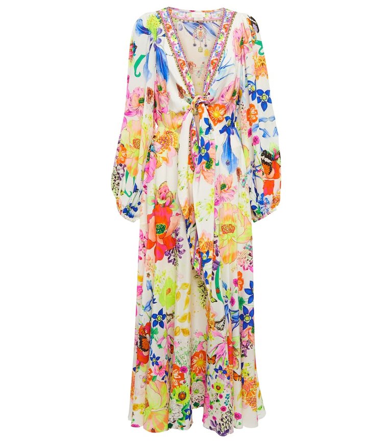 Women Shirred Waist Detail Fairy Gang Keyhole Silk Maxi Dress - Multicolor