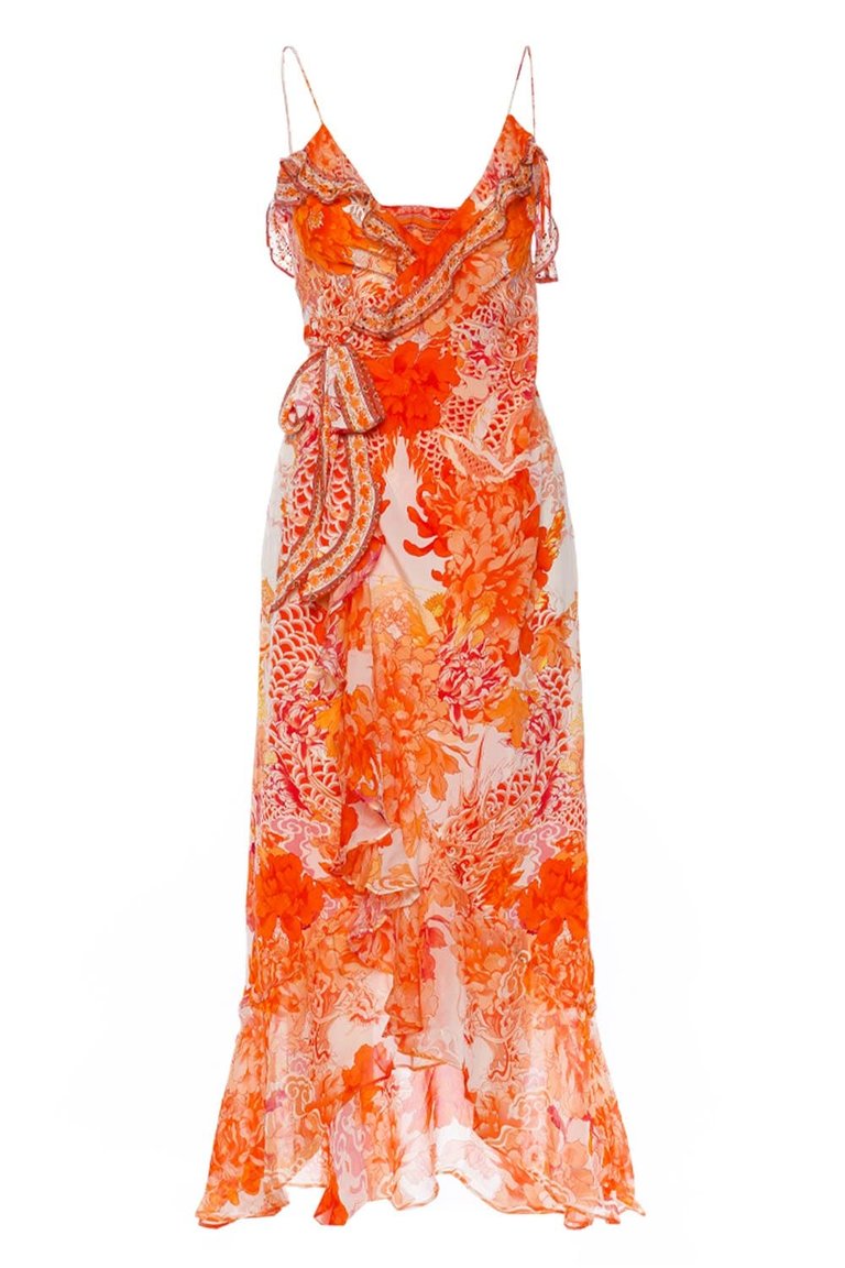 Women's Long Wrap Dress With Frill, Dragon Mother - Orange