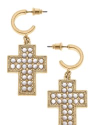 Abigail Pearl Cross Drop Hoop Earrings - Worn Gold