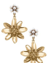 Adalynn Flower & Pearl Cluster Drop Earrings - Worn Gold