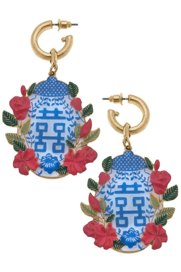 Adele Enamel Roses Ginger Jar Earrings - Blue / White