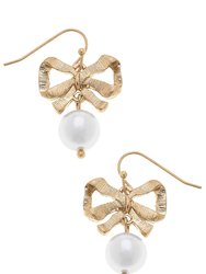 Adina Bow & Pearl Drop Earrings In Worn Gold - Worn Gold