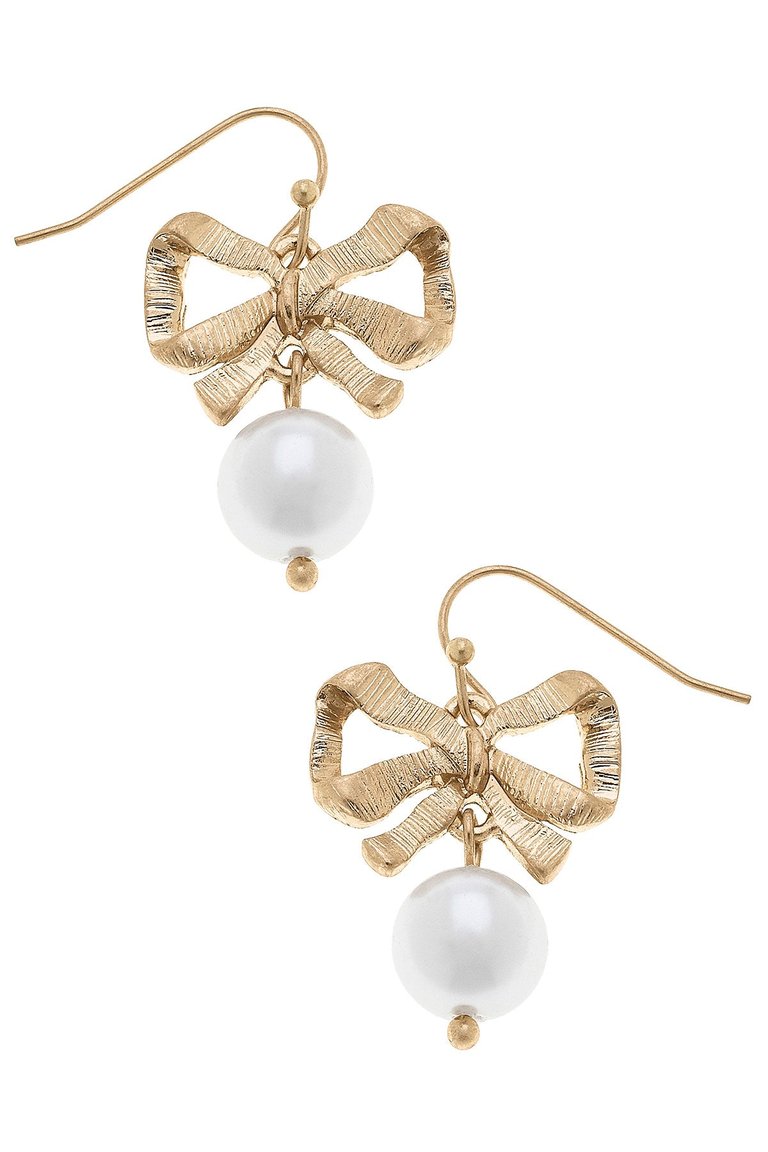 Adina Bow & Pearl Drop Earrings In Worn Gold - Worn Gold