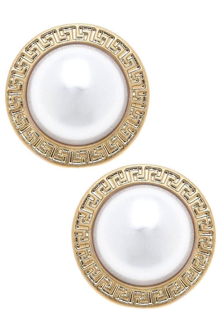 Amal Greek Keys Pearl Stud Earrings - Ivory