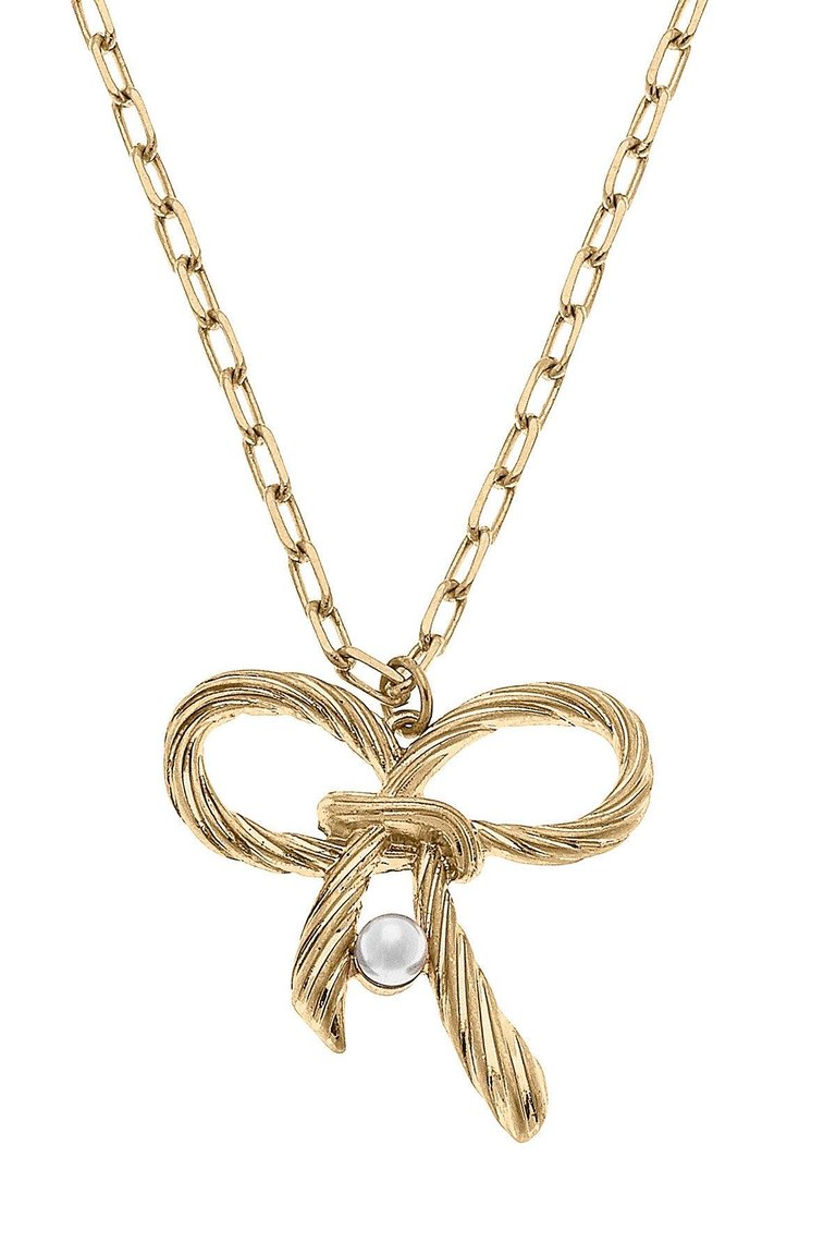 Amy Bow & Pearl Pendant Necklace In Worn Gold - Worn Gold