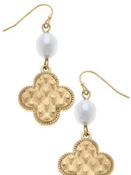 Andee Pearl & Quilted Metal Clover Drop Earrings In Worn Gold - Worn Gold