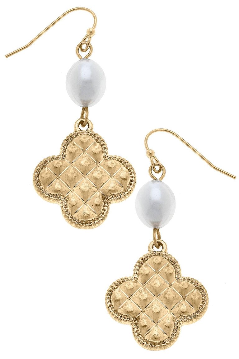 Andee Pearl & Quilted Metal Clover Drop Earrings In Worn Gold - Worn Gold