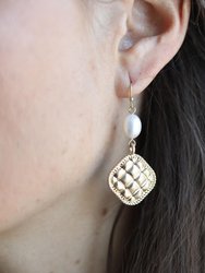 Andee Pearl & Quilted Metal Diamond Drop Earrings In Worn Gold