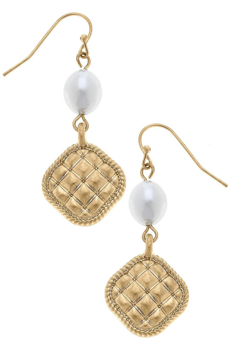 Andee Pearl & Quilted Metal Diamond Drop Earrings In Worn Gold - Worn Gold