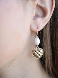 Andee Pearl & Quilted Metal Heart Drop Earrings In Worn Gold