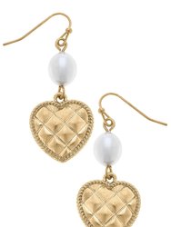 Andee Pearl & Quilted Metal Heart Drop Earrings In Worn Gold - Worn Gold